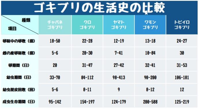 ゴキブリの生活史の比較