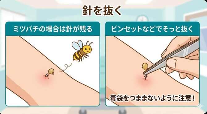 ミツバチの場合は針が残るので、ピンセットなどでそっと抜きます。