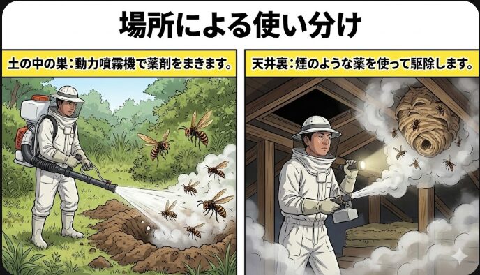 場所による使い分け
土の中の巣:動力噴霧機(どうりょくふんむき)という機械(きかい)で薬剤(やくざい)をまきます。
天井裏(てんじょううら):煙(けむり)のような薬を使って駆除(くじょ)します。
