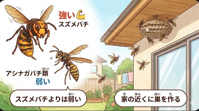 アシナガバチ類(るい)
スズメバチよりは弱いが、家の近くに巣を作る。