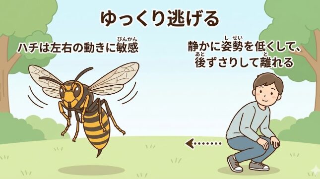 ゆっくり逃げる
ハチは左右の動きに敏感(びんかん)です。静かに姿勢(しせい)を低くして、後(あと)ずさりして離れましょう。