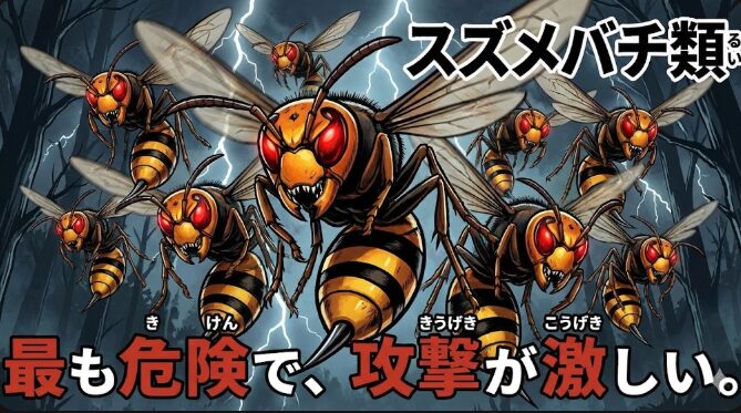 スズメバチ類(るい)
最も危険(きけん)で、攻撃(こうげき)が激しい。