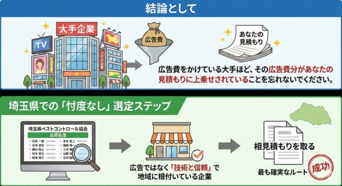 結論として
広告費をかけている大手ほど、その広告費分があなたの見積もりに上乗せされていることを忘れないでください。
