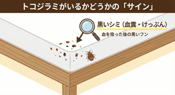 トコジラミ”すぐくる”
「もしかしてトコジラミがいるかも?」と思ったら、ある**「黒いシミ」**を探してください。
これを専門用語で**「血糞(けっぷん)」**と言います。 トコジラミは血を吸ったあと、ドロっとした黒いフンをします。