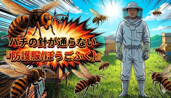 専用の服 ハチの針が通らない「防護服(ぼうごふく)」を着ます。