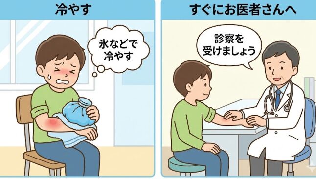 冷やす
氷などで冷やしながら、すぐにお医者さんの診察(しんさつ)を受けましょう。