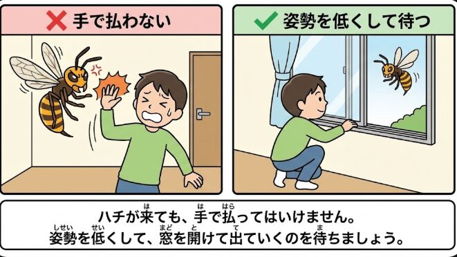 手で払(はら)わない
ハチが来ても、手で払(はら)ってはいけません。姿勢(しせい)を低くして、窓(まど)を開けて出ていくのを待ちましょう。