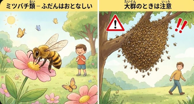 ミツバチ類(るい)
ふだんはおとなしいが、大群(たいぐん)のときは注意。