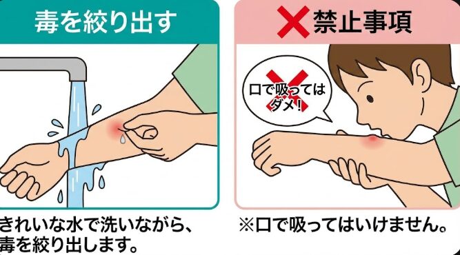 毒を絞(しぼ)り出す
きれいな水で洗いながら、毒を絞(しぼ)り出します。※口で吸(す)ってはいけません。