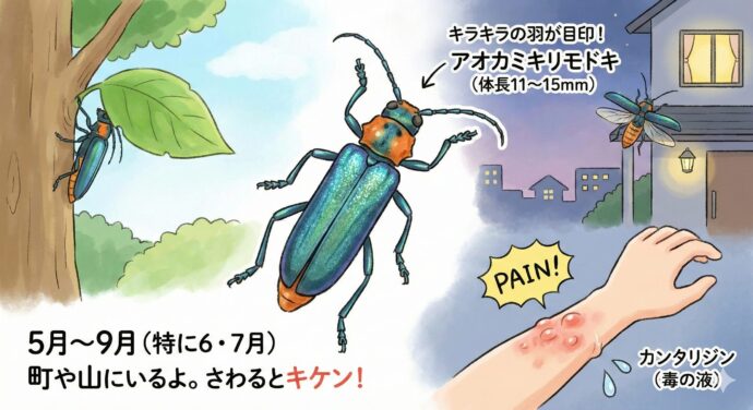 キラキラの羽が目印!「アオカミキリモドキ」
この虫は、大きさが1センチちょっと(11〜15ミリくらい)。
見た目の特徴
体は細長い形をしているよ。
背中の羽は、キラキラした青緑色(あおみどりいろ)。
首のあたりや、お腹のあたりはオレンジ色や黄色っぽい色をしているよ
どこにいるの?
山でも、みんなが住んでいる町の中でも、どこにでもいるよ。
5月から9月ごろに見られて、やっぱり6月・7月に多いんだ。
お昼の間は木の葉っぱの裏(うら)に隠(かく)れていて、夕方になると活発(かっぱつ)に動き出して、家の明かりに飛んでくるよ。
ここがキケン!
この虫は、たたいたり押(お)さえつけたりすると**「カンタリジン」**という毒の液を出すんだ。
この液がつくと、2〜6時間くらいしてから赤くはれて、水ぶくれができて、すごく痛むよ。卵(たまご)や赤ちゃん虫(幼虫)も同じ毒を持っているから気をつけてね。