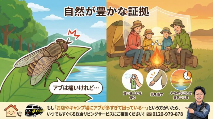 まとめ
アブは痛いけれど、自然が豊かな証拠でもあります。
強い虫よけを使う
肌を隠す
夕方の水辺には気をつける
この3つを守って、楽しいアウトドアを過ごしてくださいね!もし「お店やキャンプ場にアブが多すぎて困っている…」という方がいたら、いつでもすぐくる総合リビングサービスにご相談ください!