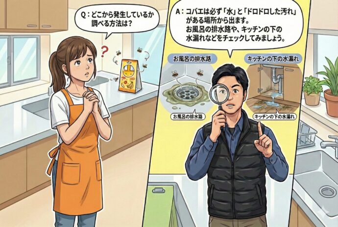 Q:どこから発生しているか調べる方法は?
A: コバエは必ず「水」と「ドロドロした汚れ」がある場所から出ます。お風呂の排水路や、キッチンの下の水漏れなどをチェックしてみましょう。
