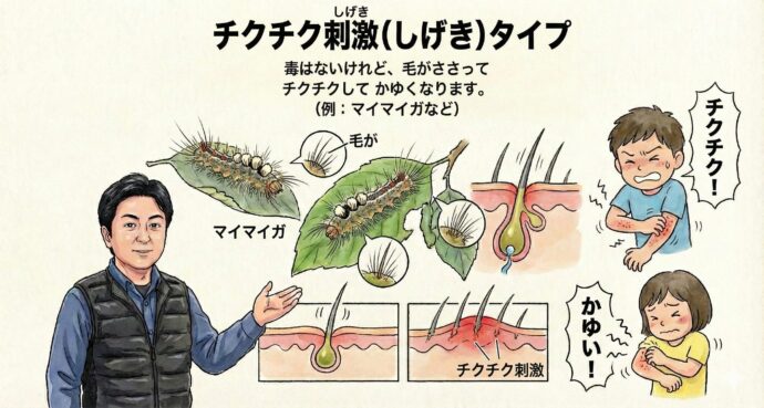 チクチク刺激(しげき)タイプ
毒はないけれど、毛がささってチクチクしてかゆくなります。
(例:マイマイガなど)