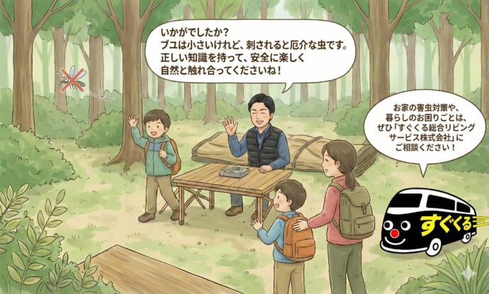 いかがでしたか? ブユは小さいけれど、刺されると厄介な虫です。 正しい知識を持って、安全に楽しく自然と触れ合ってくださいね!
お家の害虫対策や、暮らしのお困りごとは、ぜひ「すぐくる総合リビングサービス株式会社」にご相談ください!
