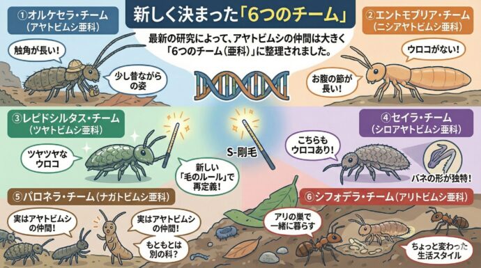 新しく決まった「6つのチーム」
最新の研究によって、アヤトビムシの仲間は大きく**「6つのチーム(亜科)」**に整理されました。
① オルケセラ・チーム(アヤトビムシ亜科) 触角が長くて、少し昔ながらの姿をしたチームです。
② エントモブリア・チーム(ニシアヤトビムシ亜科) ウロコがないものが多く、お腹の節がとても長いのが特徴です。
③ レピドシルタス・チーム(ツヤトビムシ亜科) ウロコがあってツヤツヤしていますが、新しい「毛のルール」で再定義されました。
④ セイラ・チーム(シロアヤトビムシ亜科) こちらもウロコがありますが、ジャンプするためのバネの形が独特です。
⑤ パロネラ・チーム(ナガトビムシ亜科) もともとは別の科だと思われていましたが、実はアヤトビムシの仲間でした。
⑥ シフォデラ・チーム(アリトビムシ亜科) アリの巣の中で一緒に暮らす、ちょっと変わった生活スタイルのチームです。