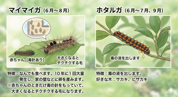 マイマイガ
特徴: なんでも食べます。10年に1回くらい大量発生して、家の壁(かべ)などに卵(たまご)をたくさん産みます。
いつ:6月~8月
※赤ちゃんのときだけ毒の針をもっていて、大きくなるとチクチクする毛になります。
ホタルガ
特徴:毒の液を出します。
好きな木:サカキ、ヒサカキ
いつ:6月~7月、9月
