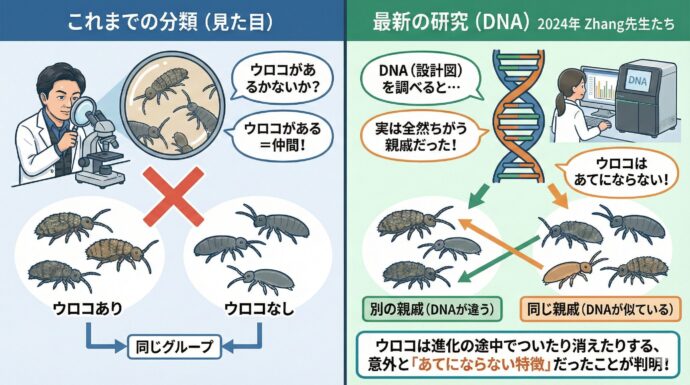 これまでの「見た目」での分け方は間違いだった!?
トビムシの仲間を分けるとき、これまでは**「体にウロコがあるかないか」**という見た目の特徴で判断していました。
ところが、2024年に発表された最新の研究(Zhang先生たちの論文)で、驚きの事実が分かりました!
DNA(生き物の設計図)を詳しく調べてみると、**「ウロコがあるから仲間だと思っていたのに、実は全然ちがう親戚だった!」**というケースがたくさん見つかったのです。
ウロコは進化の途中でついたり消えたりする、意外と「あてにならない特徴」だったことが判明しました。