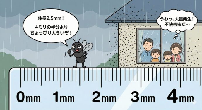 とっても小さなハエの仲間だよ
体長は2.5mm(ミリメートル)くらい。定規(じょうぎ)の4ミリのメモリの半分より少し大きいくらいだね。とっても小さな、2枚の羽を持つ昆虫(こんちゅう)だよ。
梅雨のころになると、建物に大量に飛んできて、みんなを不快(ふかい=いやな気持ち)にさせるので**「不快害虫(ふかいがいちゅう)」**と呼ばれているんだ。