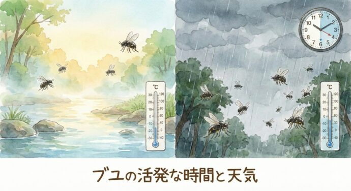 朝や夕方の、風がおだやかな涼しい時間が大好きです。
でも、曇りや雨でジメジメしていて気温が低い日は、時間に関係なく一日中飛んでくることもあります。