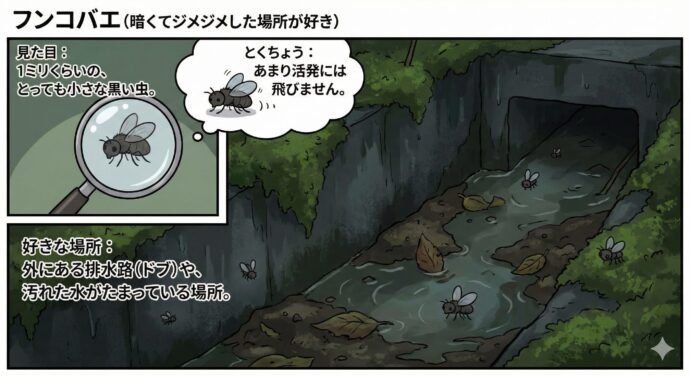 フンコバエ(暗くてジメジメした場所が好き)
見た目: 1ミリくらいの、とっても小さな黒い虫。
とくちょう: あまり活発には飛びません。
好きな場所: 外にある排水路(ドブ)や、汚れた水がたまっている場所。