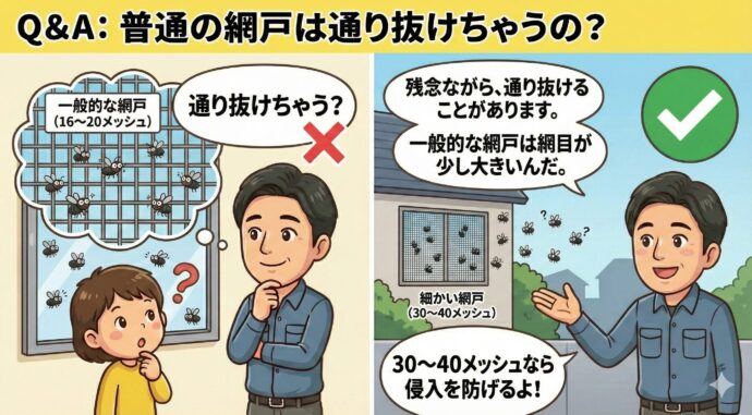 Q:普通の網戸(あみど)は通り抜けちゃうの?
A:残念ながら、通り抜けることがあります。 一般的な網戸(16〜20メッシュといいます)は、この小さな虫にとっては網目が少し大きいんだ。 もっと目の細かい網戸(30〜40メッシュ)なら、侵入(しんにゅう)を防ぐことができるよ!