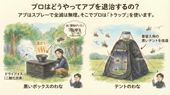 アブは広い大自然の中で生まれるので、スプレーをまいて全滅させることはできません。そこで、プロは**「トラップ(わな)」**を使います。
黒いボックスのわな: アブは黒くて温かいものに寄ってくる習性があります。黒い箱を置いて、中にドライアイス(二酸化炭素)を入れると、アブは「あ!獲物がいた!」と勘違いして、箱の中に吸い込まれてしまいます。
テントのわな: 着替え用の黒いテントを改造して作ることもあります。これもアブをだまして捕まえる方法です。
