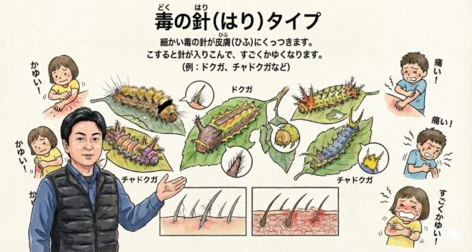 毒の針(はり)タイプ
細かい毒の針が皮膚(ひふ)にくっつきます。こすると針が入りこんで、すごくかゆくなります。
(例:ドクガ、チャドクガなど)
