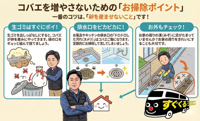 コバエを増やさないための「お掃除ポイント」
コバエをいなくさせる一番のコツは、**「卵を産ませないこと」**です!
生ゴミはすぐにポイ! 生ゴミを出しっぱなしにすると、コバエが卵を産みにやってきます。袋の口をギュッと結んで捨てましょう。
排水口をピカピカに! お風呂やキッチンの排水口の「ドロドロした汚れ(ヌメリ)」はコバエのご飯になります。定期的にお掃除して流してしまいましょう。
お外もチェック! お家の周りの溝(みぞ)に泥がたまっていませんか?お家の周りをきれいにすることも大切です。