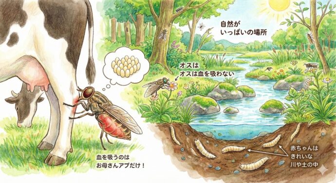 アブはハエの仲間ですが、ハエと違って動物の血を吸います。
実は、すべてのアブが血を吸うわけではありません。血を吸うのは**「卵を産むためにおなかいっぱい栄養をつけたいお母さんアブ」**だけなんです。
アブの赤ちゃん(幼虫)は、きれいな川の近くや、湿った土の中で育ちます。だから、自然がいっぱいの場所にはアブがたくさんいるんですね。