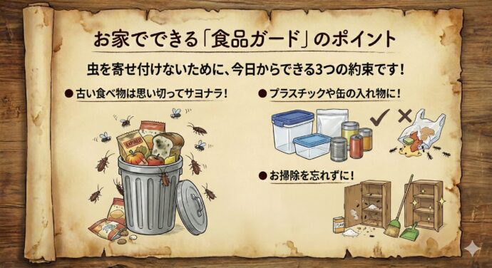 お家でできる「食品ガード」のポイント
虫を寄せ付けないために、今日からできる3つの約束です!
古い食べ物は思い切ってサヨナラ! 「いつのかわからない食べ物」が虫の発生源(はっせいげん)になります。虫を見つけたら、その袋だけでなく、周りの食べ物もチェックして捨てましょう。
プラスチックや缶の入れ物に入れよう! 虫たちはビニール袋くらいなら簡単に食い破ってしまいます。しっかりフタができるプラスチックの容器や、缶の入れ物に移し替えるのが一番安全です。
お掃除を忘れずに! 棚のすみにこぼれた粉や食べかすは、虫たちの「ごちそう」になります。スキマまでしっかりお掃除しましょう。