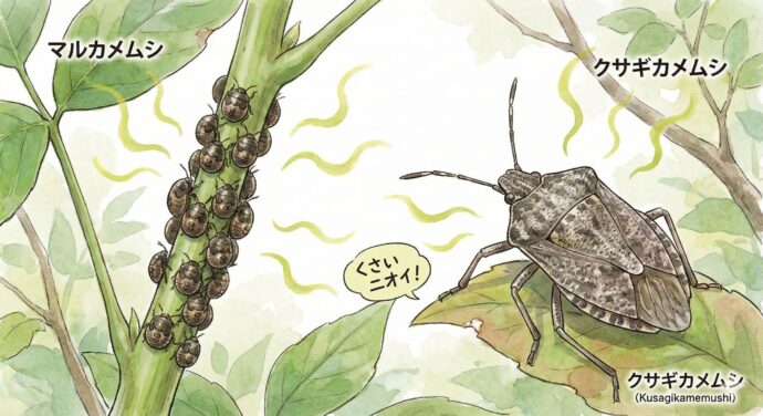 カメムシのなかま
カメムシは、おどろいたり刺激を与えたりすると、とてもくさいニオイを出します。
マルカメムシ: 小さくて丸っこいカメムシ。「クズ」という植物が大好きで、茎にびっしり集まることがあります。
クサギカメムシ: 少し大きめで、体は平べったく、茶色っぽい模様があります。