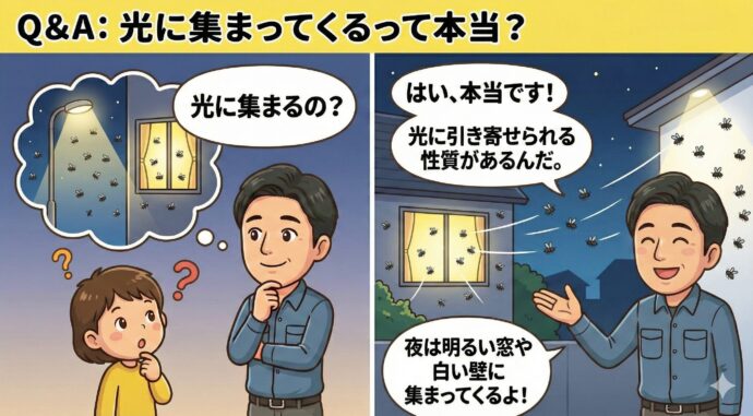 Q:光に集まってくるって本当?
A:はい、本当です! この虫は、光に引き寄せられる性質(せいしつ)があります。だから、夜になると明るい窓や、白い壁に集まってくるんだね。