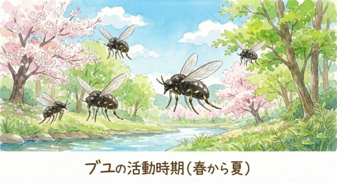 ブユが元気に飛び回るのは、**春から夏(3月から9月くらい)**にかけてです。