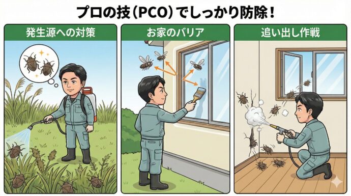 プロの技(PCO)でしっかり防除!
どうしても虫がいなくならない時は、私たちのような専門家(PCOといいます)の出番です。
発生源への対策: 虫が生まれる草むらに、特別な薬をまいて数を減らします。
お家のバリア: 窓枠や壁に、虫が嫌がる薬をぬって、お家に入れないようにします。
追い出し作戦: すでに入ってしまった虫には、お部屋のすき間まで届く薬を使って外へ追い出します。
