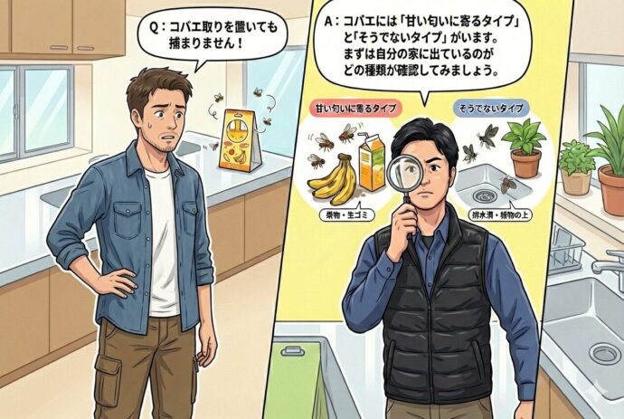 Q:コバエ取りを置いても捕まりません!
A: コバエには「甘い匂いに寄るタイプ」と「そうでないタイプ」がいます。まずは自分の家に出ているのがどの種類か確認してみましょう。