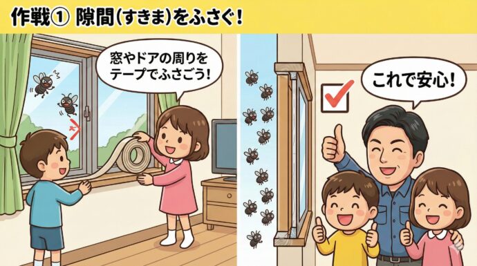 作戦① 隙間(すきま)をふさぐ!
この虫はとっても小さいから、わずかな隙間からでも入ってきちゃう。 窓やドアの周り、壁(かべ)とパイプの隙間などを、テープなどでしっかりふさごう。隙間に虫除(むしよ)けスプレーをしておくのも効果的だよ。