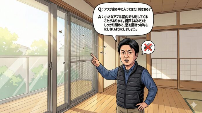Q:アブが家の中に入ってきた!刺される?
A: 小さなアブは室内でも刺してくることがあります。網戸(あみど)をしっかり閉めて、窓を開けっぱなしにしないようにしましょう。