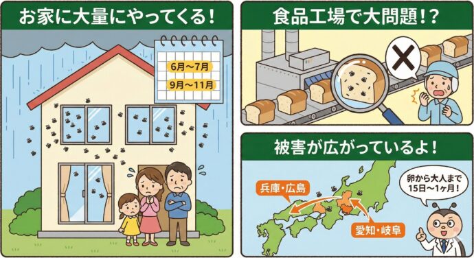 お家に大量にやってくる!
この虫は、卵から大人になるまで、だいたい15日から1ヶ月くらいかかります。 6月〜7月と、9月〜11月ごろに、大人の虫がお家にたくさん飛んできて、みんなを困らせます。
食品を作る工場に入り込んでしまうと、食べ物に虫が混(ま)ざってしまう大問題になることもあるんだ。
最近では、愛知県や岐阜県あたりから、だんだん西の方(兵庫県や広島県など)にも広がっているみたいだよ。