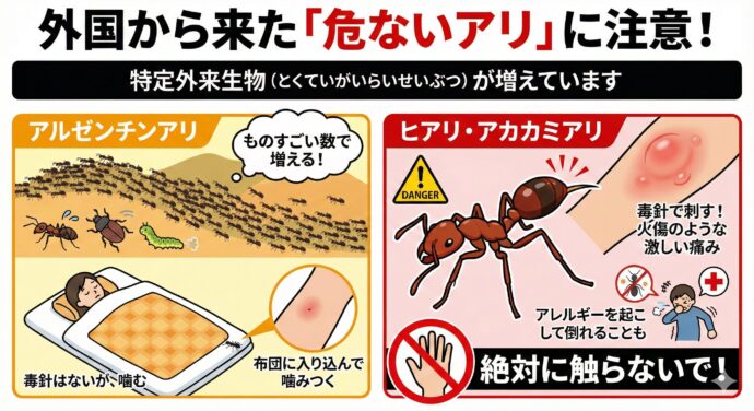 外国から来た「危ないアリ」に注意!
最近ニュースなどで聞いたことがあるかもしれませんが、外国から来た**「ヒアリ」や「アルゼンチンアリ」などの「特定外来生物(とくていがいらいせいぶつ)」**というアリが増えています。
アルゼンチンアリ ものすごい数で増えて、他元々日本にいたアリや虫を追い出してしまいます。人間を毒針で刺すことはありませんが、お布団に入り込んで噛みつくことがあります。
ヒアリ・アカカミアリ これらはとても危険です! お尻に毒針を持っていて、刺されると火傷(やけど)のような激しい痛みがあります。アレルギーを起こして倒れてしまう人もいるので、絶対に触ってはいけません。