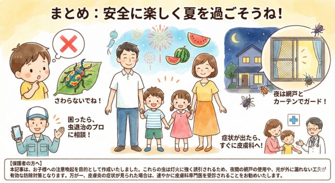 まとめ
今日紹介した虫たちは、体が小さくても強い毒を持っています。 「見たことがない虫だな」「カラフルで変な形だな」と思ったら、絶対に触らないようにしようね。
もし、お家の中で虫がたくさん出て困ったり、自分たちではどうしようもない時は、私たちのような「虫退治のプロ」に相談してください。
お家の人といっしょに、安全に楽しく夏を過ごしてね!
【保護者の方へ】 本記事は、お子様への注意喚起を目的として作成いたしました。これらの虫は灯火に強く誘引されるため、夜間の網戸の使用や、光が外に漏れない工夫が有効な防除対策となります。万が一、皮膚炎の症状が見られた場合は、速やかに皮膚科専門医を受診されることをお勧めいたします。
