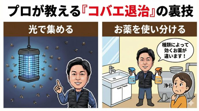 プロが教える「コバエ退治」の裏技
「市販のコバエ取りを置いたのに、捕まらない…」という時は、以下のことを試してみてください。
光で集める: コバエは光に集まる性質があるので、専用の光るトラップが効くことがあります。
お薬を使い分ける: 種類によって効くお薬が違います。特に浄化槽(じょうかそう)などがある場合は、専門のお薬が必要です。