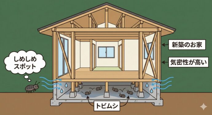 なぜ?きれいな「新築のお家」にトビムシが出る理由
「建てたばかりのピカピカのお家なのに、小さな虫がたくさんいる!」 という相談が、最近とても増えています。
その正体の多くが、実はこの**「トビムシ」**です。
トビムシは湿り気のあるところが大好き。新築のお家は、コンクリートや木材がまだ完全に乾ききっていなかったり、気密性(空気が逃げない仕組み)が高かったりするため、トビムシにとって居心地の良い「しめしめスポット」になってしまうことがあるんです。