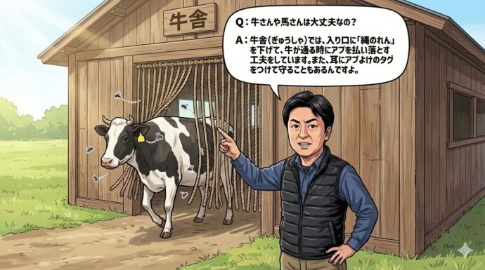 Q:牛さんや馬さんは大丈夫なの?
A: 牛舎(ぎゅうしゃ)では、入り口に**「縄(なわ)ののれん」**を下げて、牛が通る時にアブを払い落とす工夫をしています。また、耳にアブよけのタグをつけて守ることもあるんですよ。