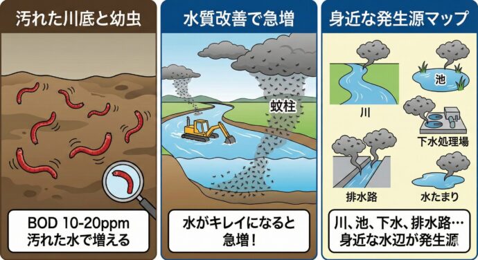 どこからやってくるの?
ユスリカの赤ちゃん(幼虫)は、川の底や、下水処理場、公園の池、お家のまわりの排水路などの水の中に住んでいます。
おもしろいことに、ユスリカは「水の汚れ」と深い関係があります。
水がちょっと汚れている場所(BODという汚れの指標が10〜20ppmくらい)で爆発的に増えます。
逆に、すごく汚かった川が掃除されてキレイになり始めた時にも、ユスリカが住めるようになって急に増えることがあります。