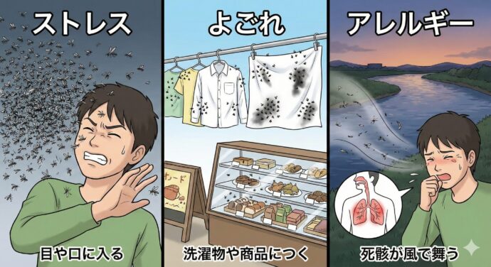 なんで「困った虫」なの?
血は吸わないけれど、こんな理由で嫌がられることがあります。
ストレス: たくさん集まって飛ぶので、目に入ったり、口に入りそうになったりして不快。
よごれ: 洗濯物にくっついてよごしてしまったり、お店の商品に入ってしまったりする。
アレルギー: 死んで粉々になった体が風に舞い、それを吸い込むとアレルギーの原因になることもある。