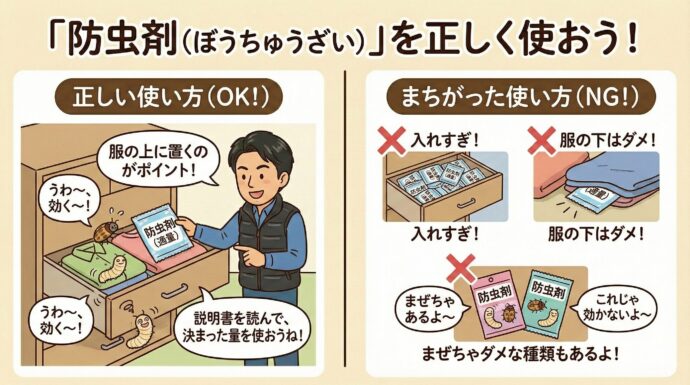 「防虫剤(ぼうちゅうざい)」を正しく使う
服を守るお薬(防虫剤)を、決まった量だけ正しく使いましょう。これが一番の守りになります。
