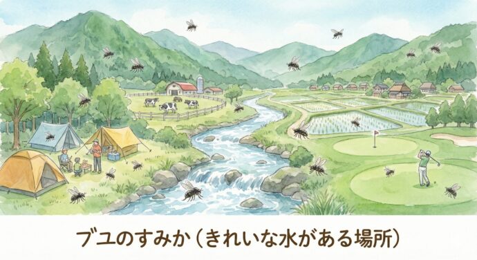 きれいな川(渓流)の近くにある山、キャンプ場、ゴルフ場、牧場、農村などでよく見かけます。 自然がいっぱいで水がきれいな場所は、ブユにとっても住みやすい場所なんですね。