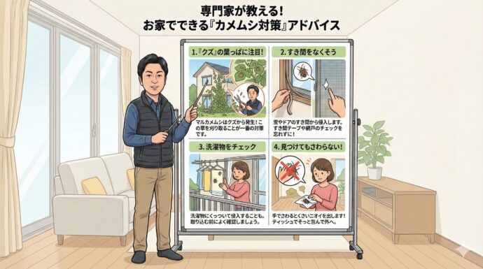 お家でできる「カメムシ対策」アドバイス
お家に入ってこないようにするためには、いくつかコツがあります。
「クズ」の葉っぱに注目! マルカメムシは、お家の周りにある「クズ」というツル植物から発生します。この草を刈り取ることが、一番の対策になります。
すき間をなくそう 窓やドアにほんの少しでもすき間があると、そこから入ってきます。すき間テープを貼ったり、網戸が破れていないかチェックしましょう。
洗濯物をチェック カメムシは洗濯物にくっついてお家の中に入ってくることもあります。取り込む前に、虫がついていないかよく確認しましょう。
見つけてもさわらない! もしお家の中で見つけたら、手でさわらずにティッシュなどでそっと包んで外に出しましょう。おどろかせると、くさいニオイを出されてしまいます。