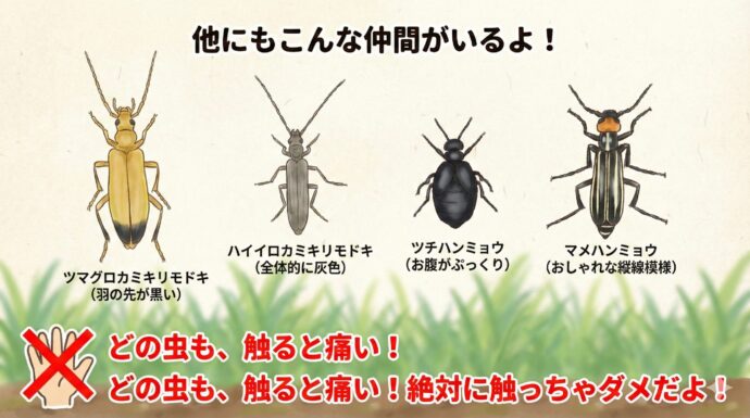 他にもこんな仲間(なかま)がいるよ
アオカミキリモドキの他にも、似たような毒を持った仲間がいるんだ。
ツマグロカミキリモドキ:体は黄色っぽくて、羽の先っぽだけ黒い虫。
ハイイロカミキリモドキ:全体的に灰色(はいいろ)っぽくて地味(じみ)な色の虫。
ツチハンミョウ:体が大きくて、真っ黒で、お腹がぷっくり膨(ふく)らんでいる虫。
マメハンミョウ:黒い体に、白や黄色の縦(たて)の線(せん)が入っているおしゃれな模様(もよう)の虫。
どの虫も、触ると痛い思いをするから、絶対(ぜったい)に触っちゃダメだよ!