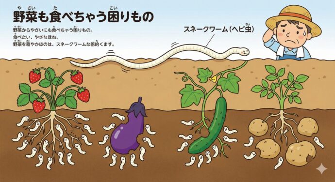 野菜(やさい)も食べちゃう困りもの
実は、この虫の幼虫は、イチゴ、ナス、キュウリ、ジャガイモなど、みんなが大好きな野菜の根っこを食べてしまうこともあるんだ。農家(のうか)さんにとっても困った「農業害虫」でもあるんだね。
幼虫は、何百匹(なんびゃっぴき)も集まって行列(ぎょうれつ)を作って、まるでヘビみたいに動くことがあるんだよ。だから英語では「スネークワーム(ヘビ虫)」なんて呼ばれることもあるんだって。びっくりだね!
